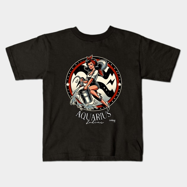 Aquarius Aura: The Water Bearer's Wit - Pin up Vintage Retro Zodiac Sign Kids T-Shirt by LollipopINC